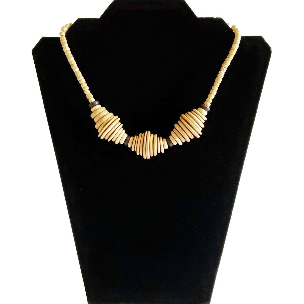 African tribal wooden disc beaded choker statement necklace